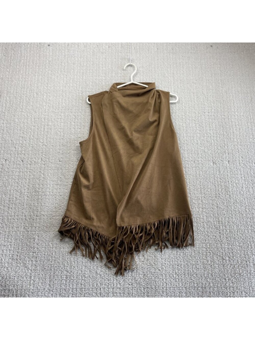 Y2K Brown Faux Suede Western Cowgirl Fringe Open Front Vest Top Women's S